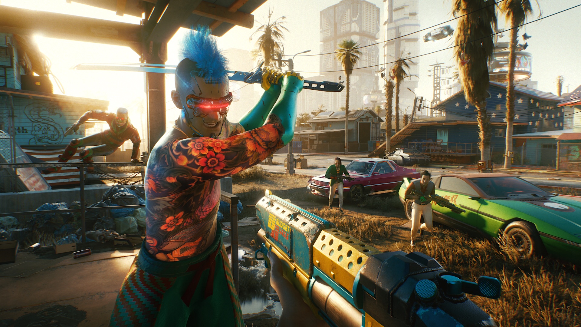 Cyberpunk 2077: Figure with blue mohawk hairstyle and tattoos fights with blade and weapon in Night City. Opponents and futuristic cars in the background.