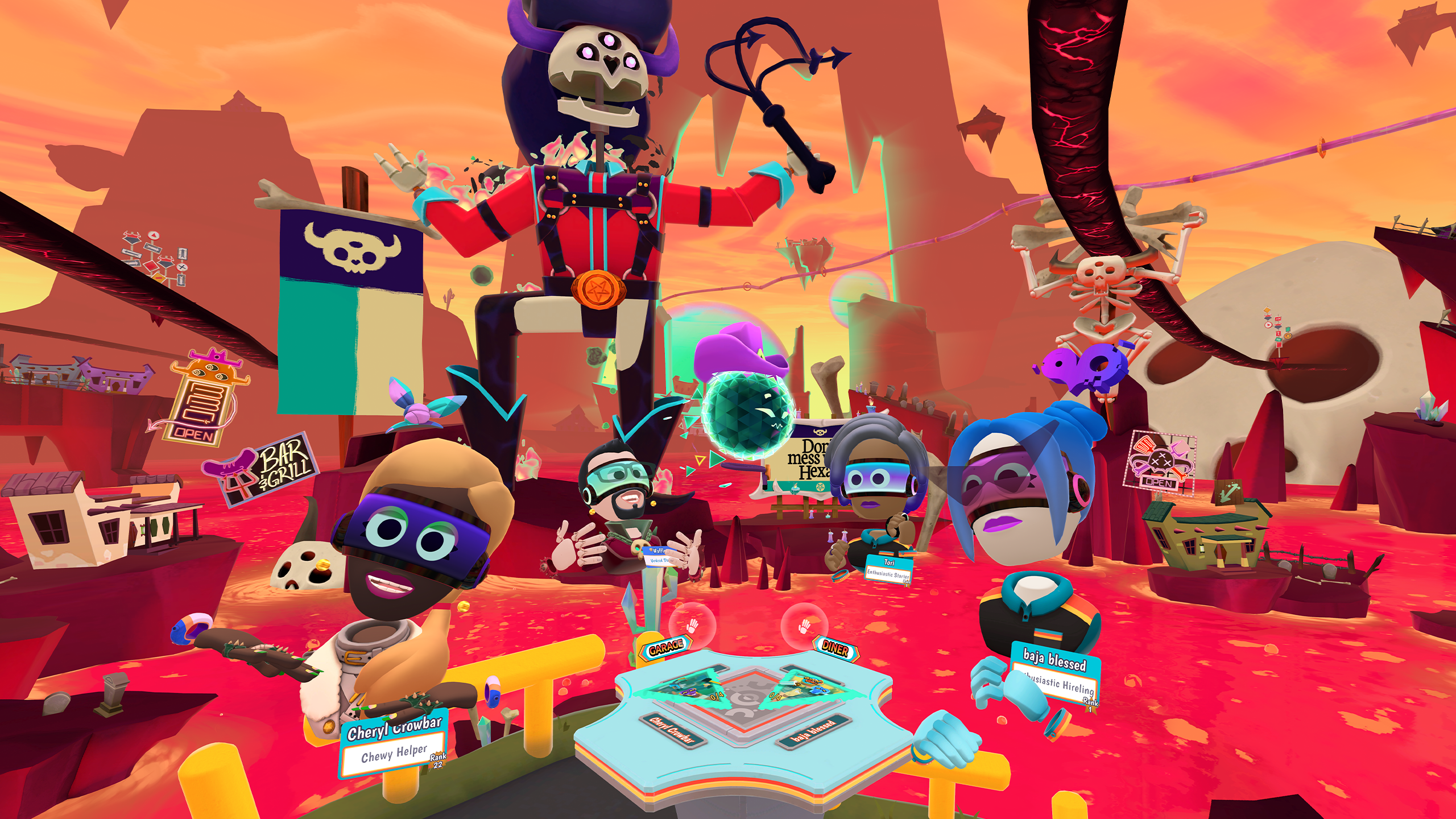Three VR players at a table in a lava room environment. A large skeleton pirate in the background. Game characters and surroundings are colorful and cartoon-like.