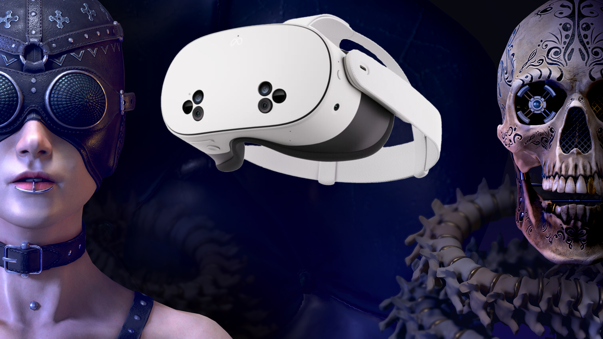 A woman with a leather mask on the left, a skull on the right and the Meta Quest 3S VR headset in the middle.