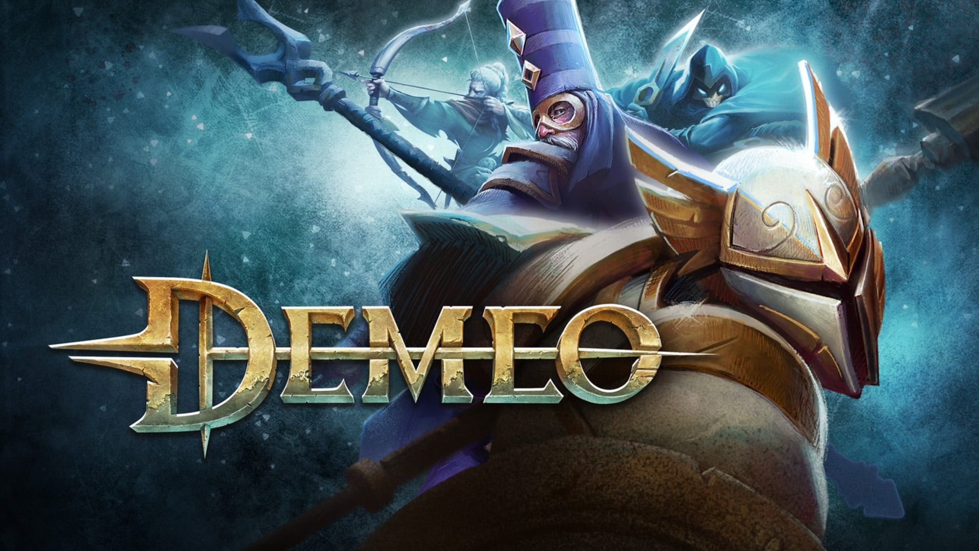 Demeo lettering with artwork of the hero characters in the background.