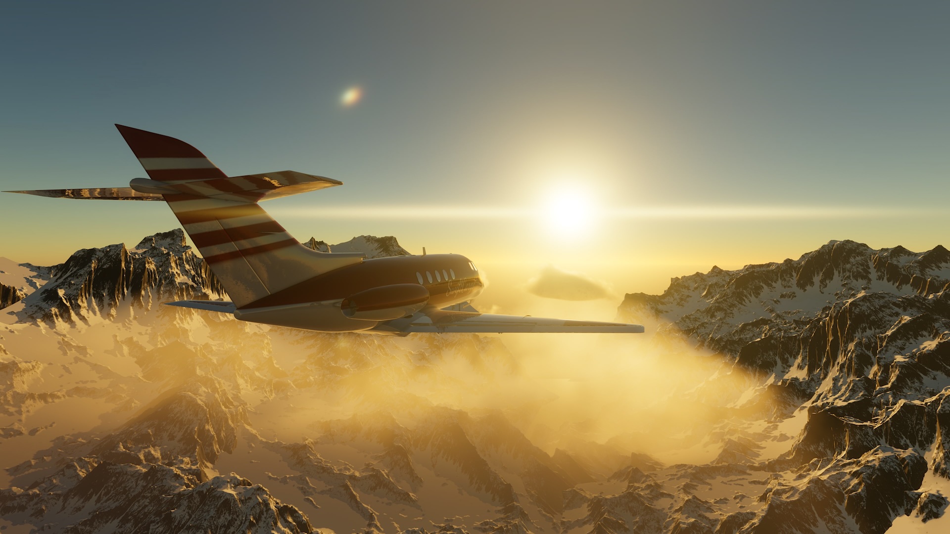 Private jet with red and white tail flies over a snow-covered mountain range at sunset.