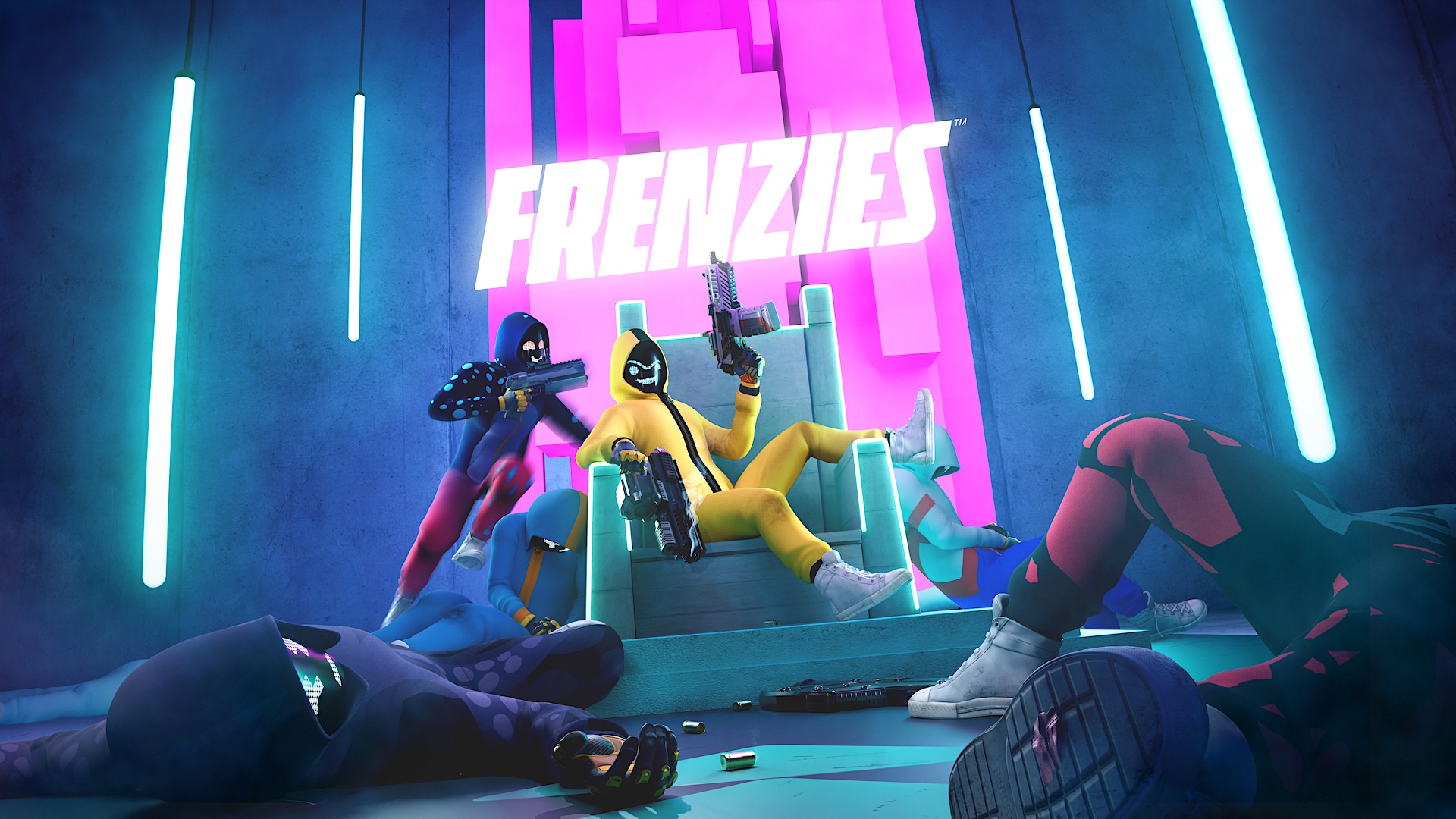 A player in a yellow suit sits on a throne in a neon-lit arena, holding weapons and surrounded by defeated opponents.
