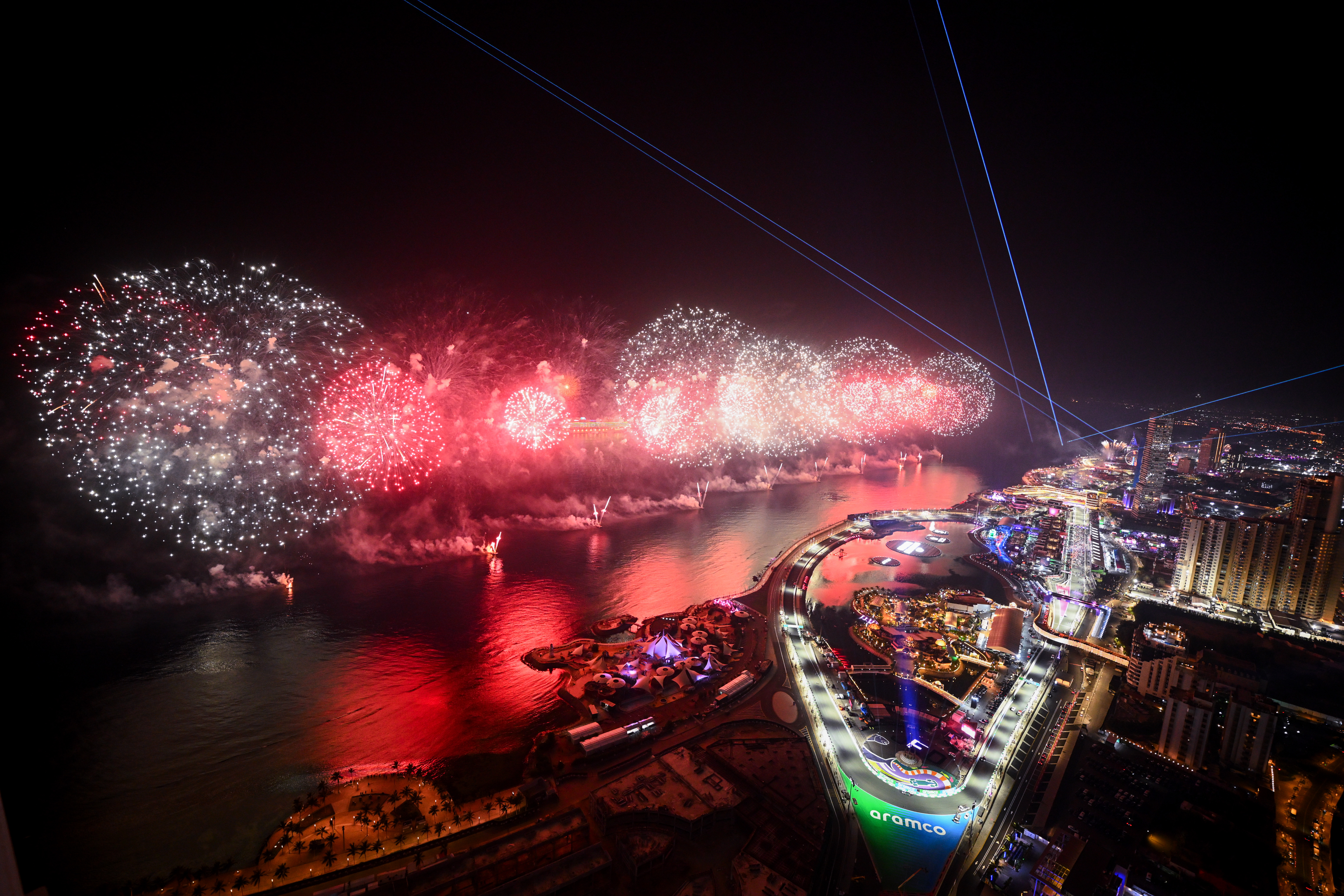 JEDDAH, SAUDI ARABIA - APRIL 20: Fireworks light the sky at the end of the race during the F1 Grand Prix of Saudi Arabia at Jeddah Corniche Circuit on April 20, 2025 in Jeddah, Saudi Arabia.