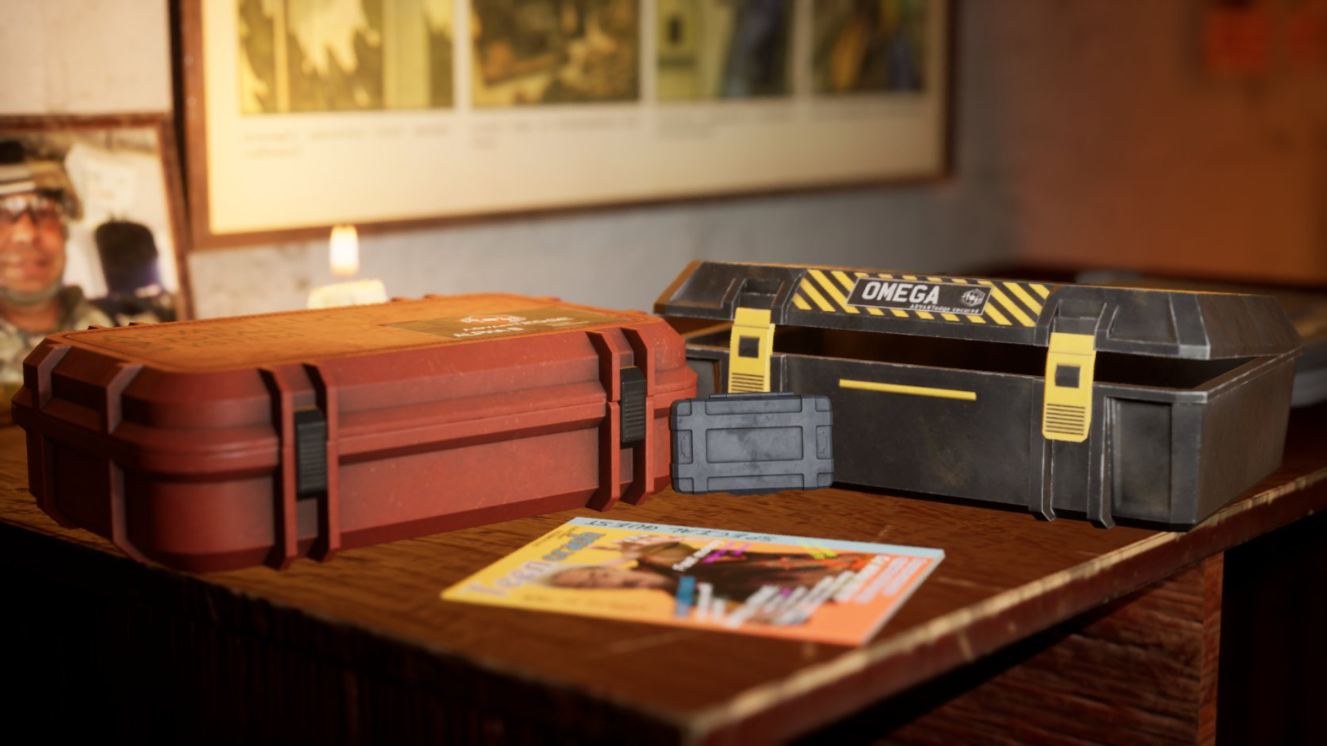 In an office, security cases and a file lie on a wooden desk.