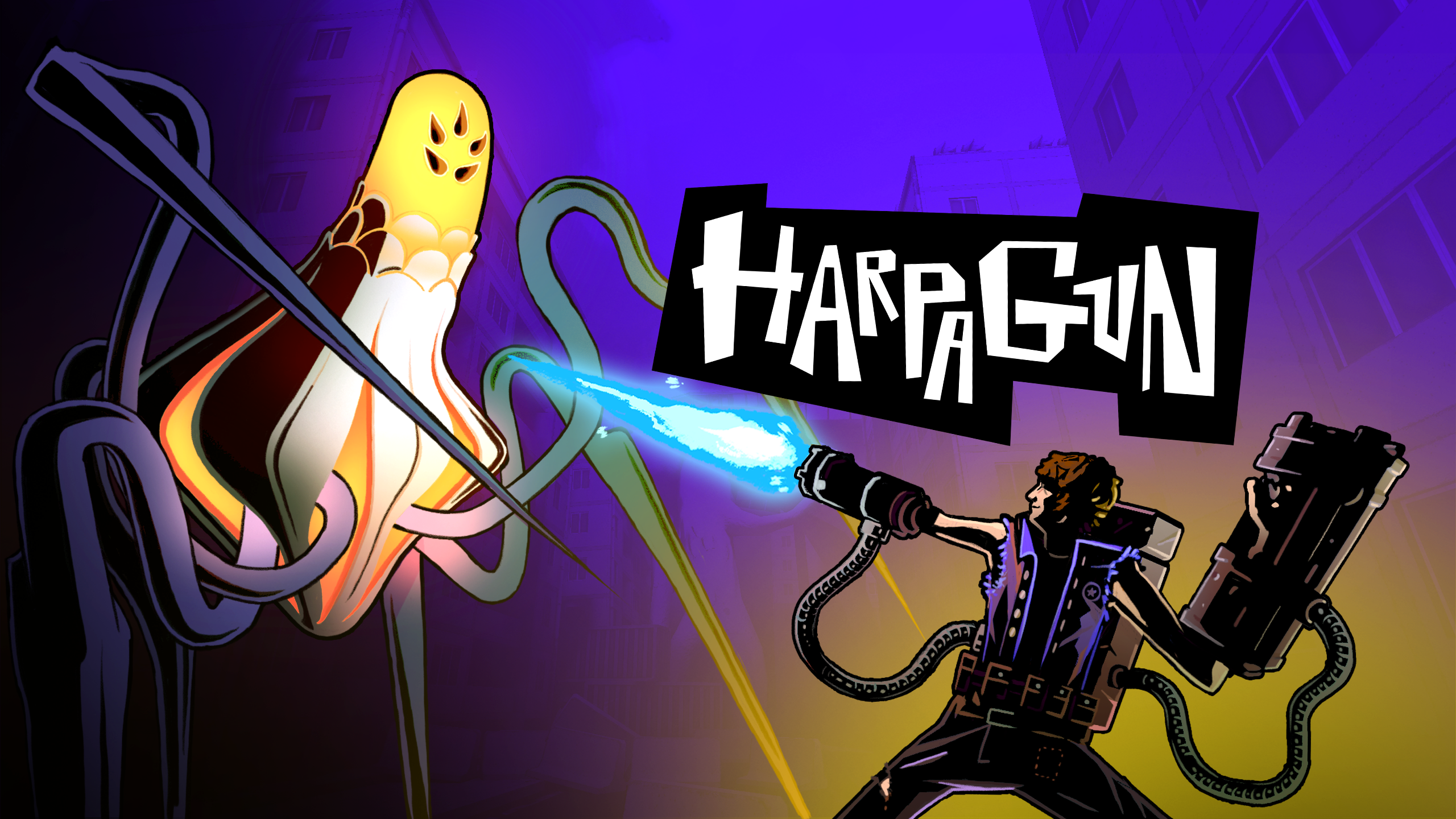The cover of the comic-style VR game Harpagun shows a human firing a laser rifle at a glowing yellow alien with tentacles.