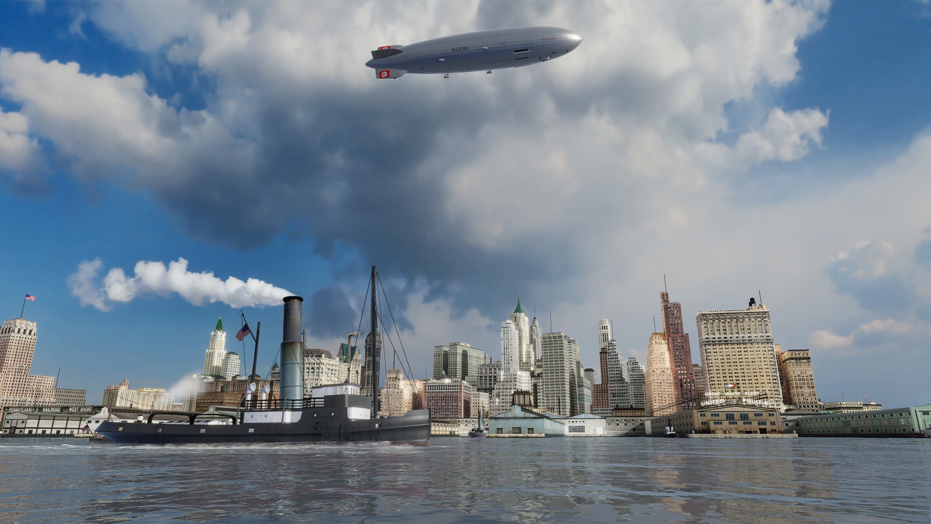 Zeppelin in the sky over harbor city with steamship in the foreground, skyline with tall buildings in the background.