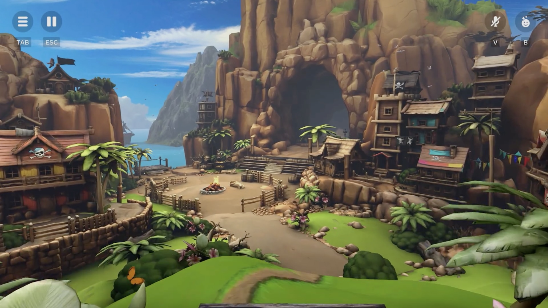 Colorful video game image of a pirate settlement on the coast with wooden houses, palm trees, pirate flags and campfires.