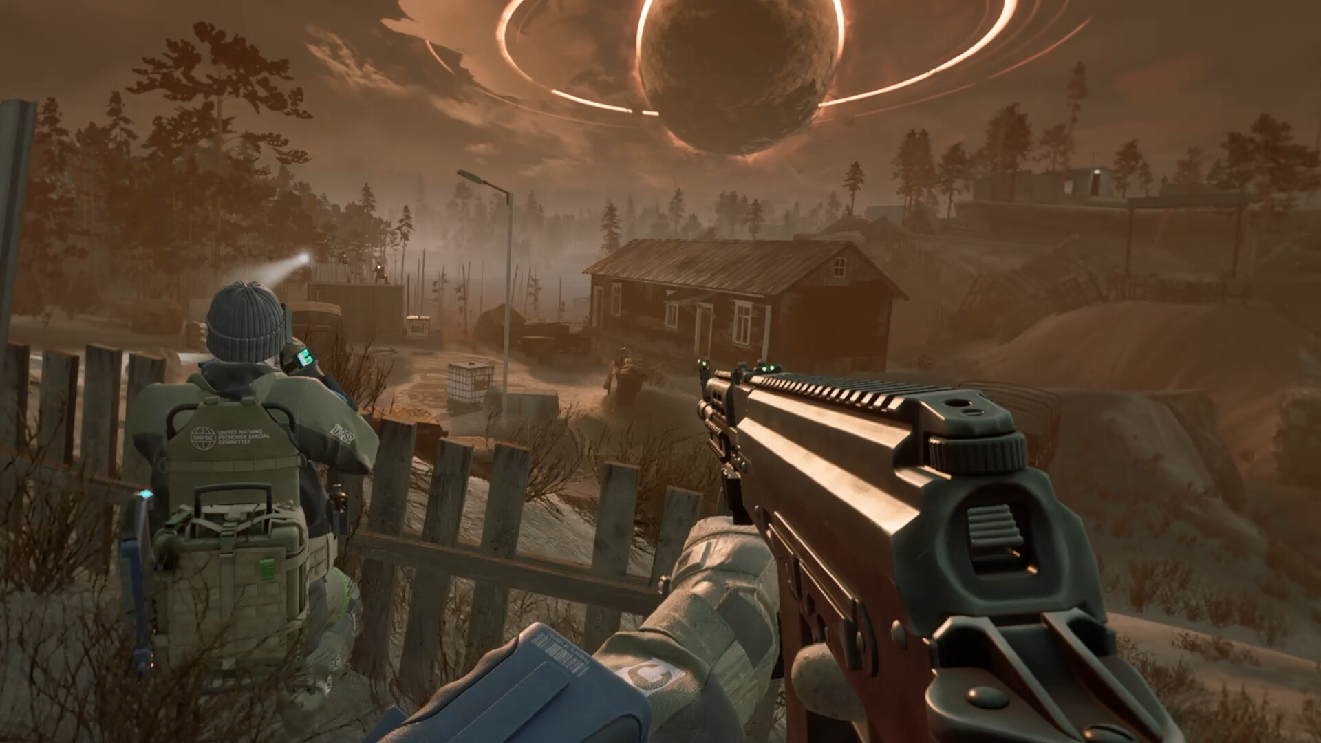 First-person shooter perspective in a post-apocalyptic landscape with a mysterious planet in the sky, a weapon in the foreground and an abandoned settlement.