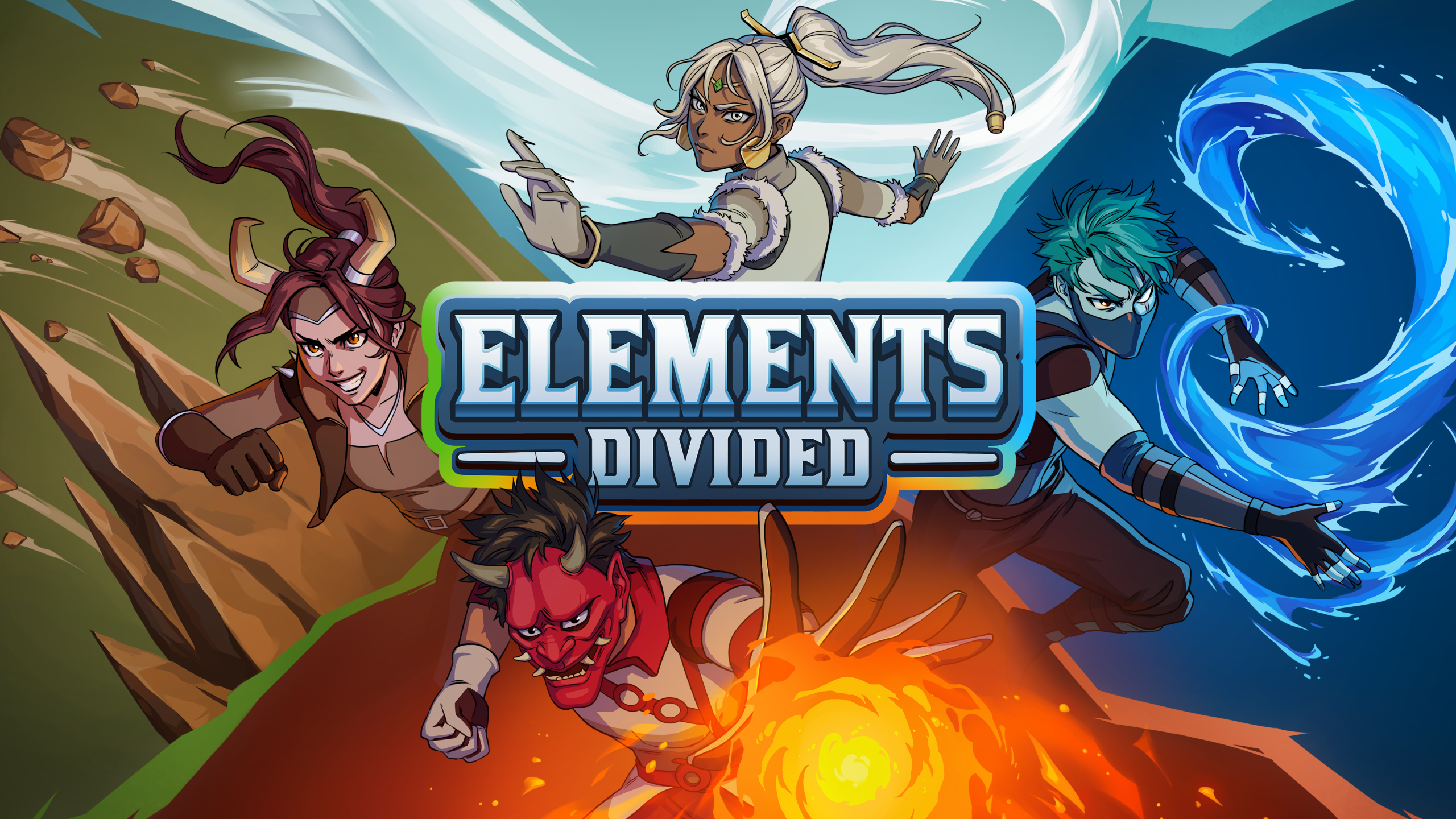 Four fighters symbolizing the elements and a lettering: "Elements Divided".