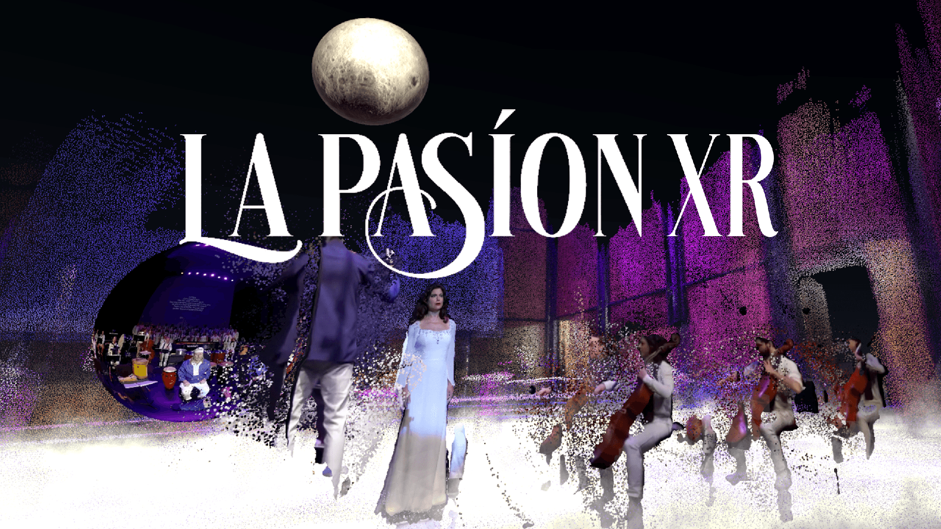 Theatrical scenery "La Pasión XR" with performers in white robes, violet lighting effects and a moon above a stylized stage set.