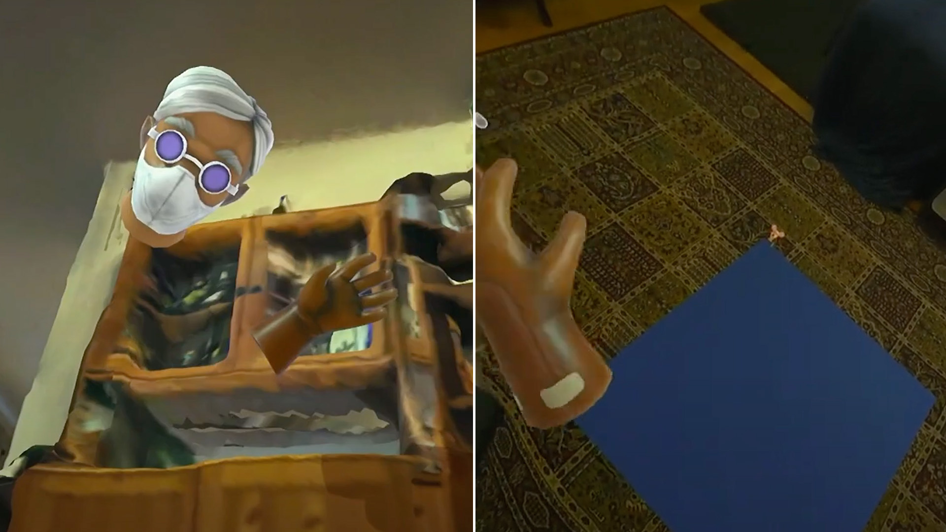 Left image: A giant VR avatar with a mask from the perspective of a mouse player. Right image: The VR player looks at the mouse player on a carpet.
