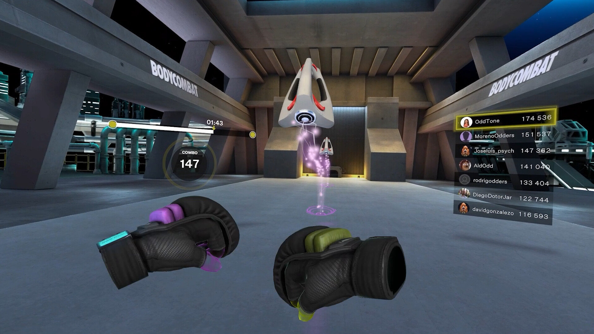 A game scene from a VR fitness app shows two boxing gloves and handles flying towards them as well as a leaderboard.