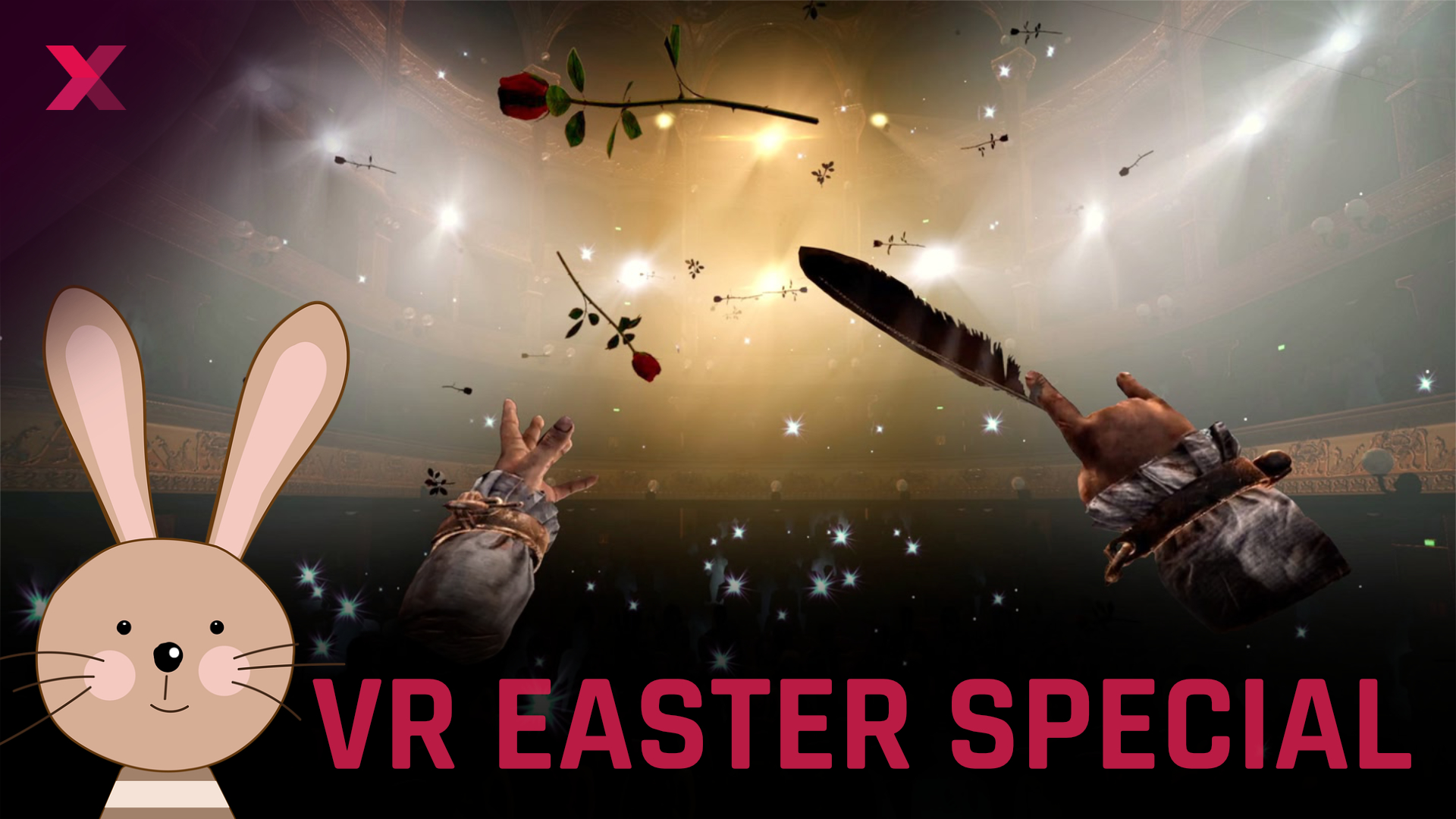 VR Easter special with cartoon rabbit, floating roses, feathers and hands in a virtual environment with atmospheric lighting.