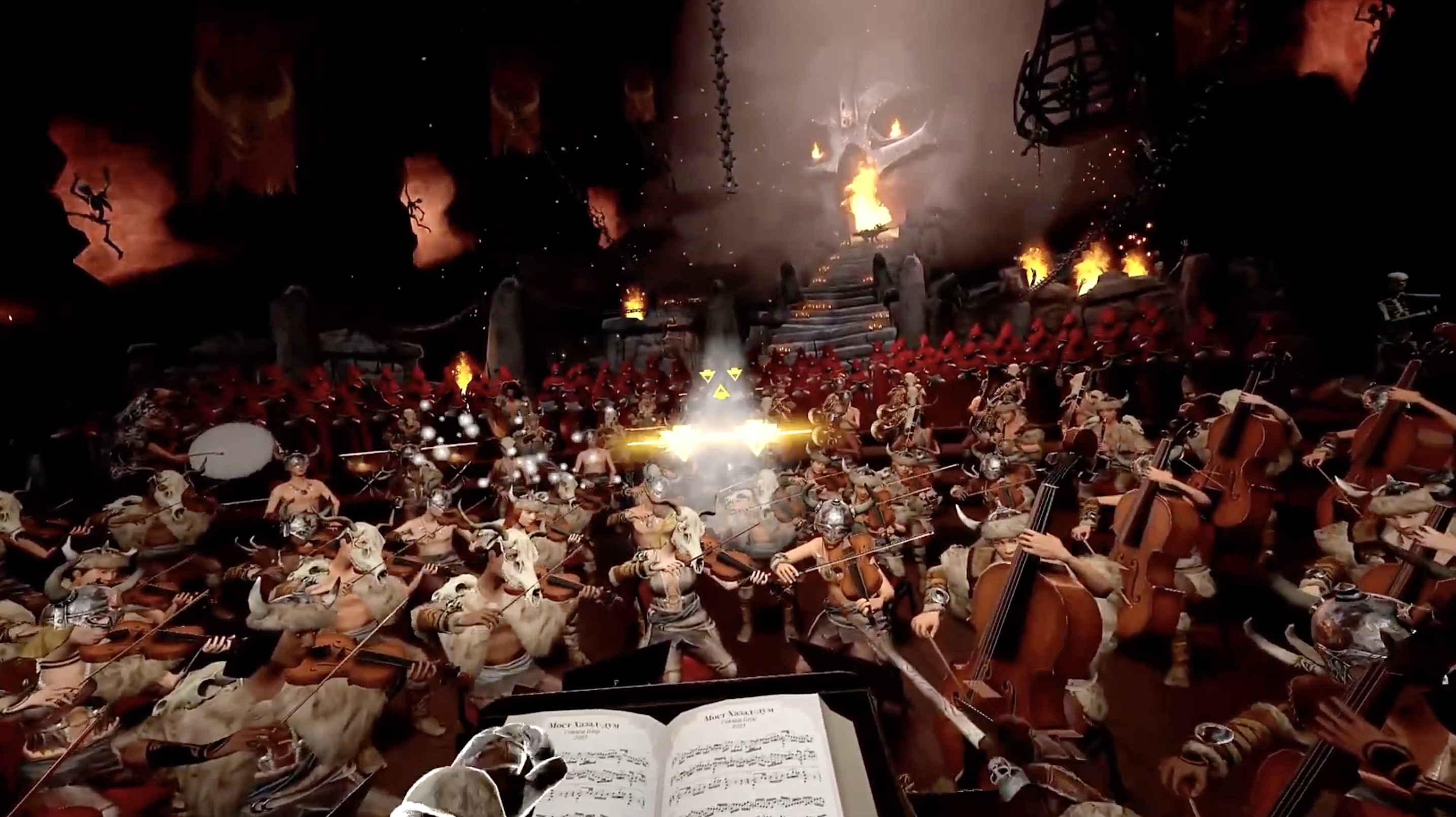 An orchestra from the conductor's perspective. In the background, a staircase leading to a gate with a skull. Gloomy.