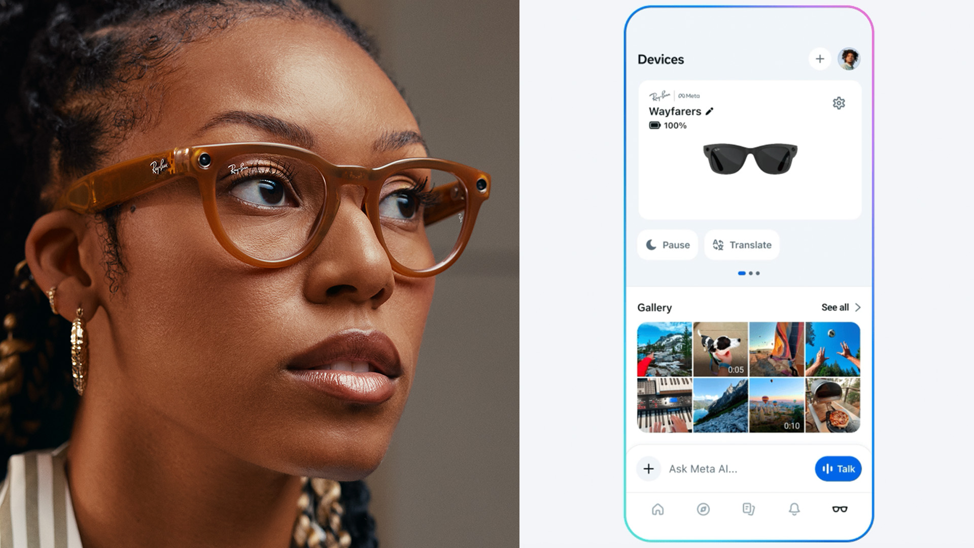 Woman with Ray Ban Meta smart glasses on the left, the UI of the new Meta-AI app on the right.