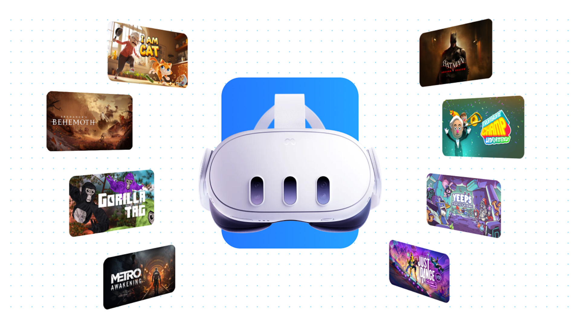Floating Quest 3 surrounded by thumbnails of well-known VR games.
