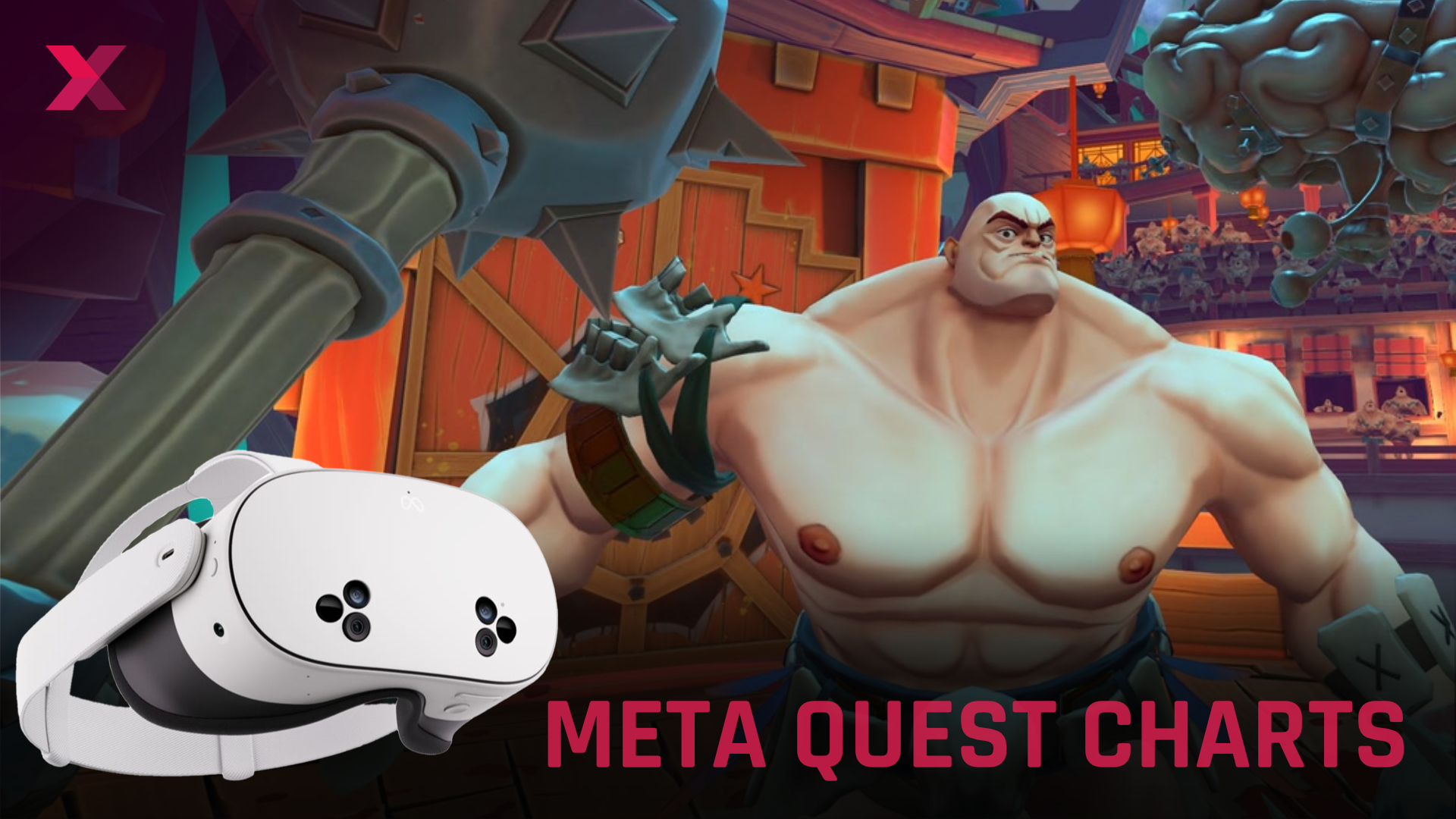 Meta Quest VR headset next to muscular game character in colorful fantasy game world with "META QUEST CHARTS" text.