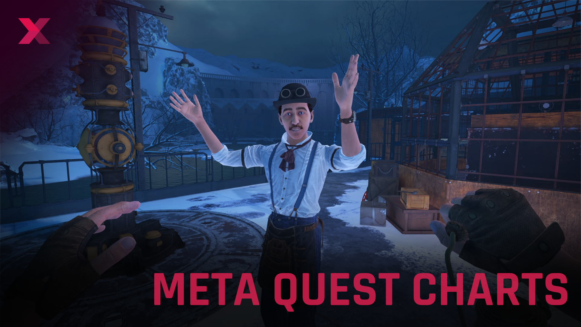 Steampunk character with hat in snowy VR game environment, first-person perspective with visible hands and Meta Quest Charts logo.