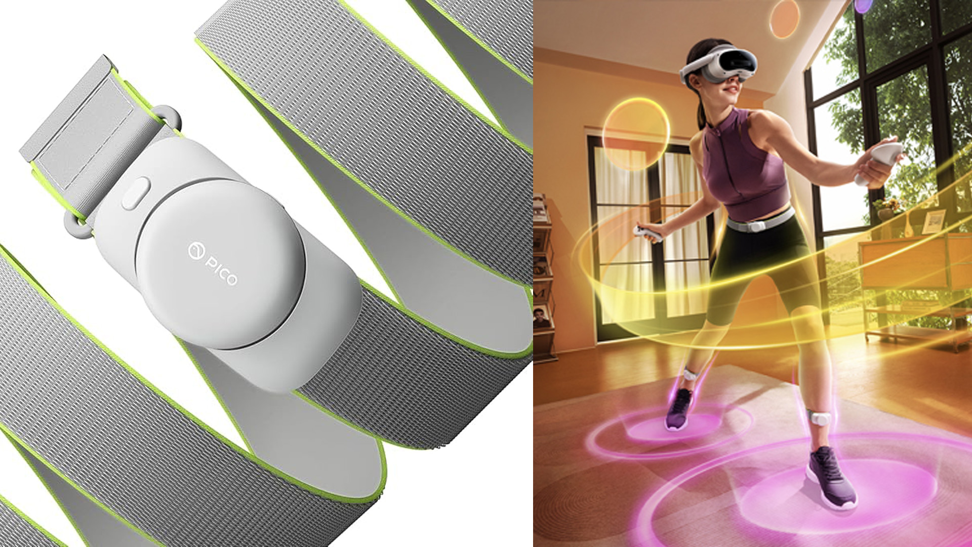On the left the Pico Motion Tracker Waist Version, on the right a woman playing with the trackers in the living room.