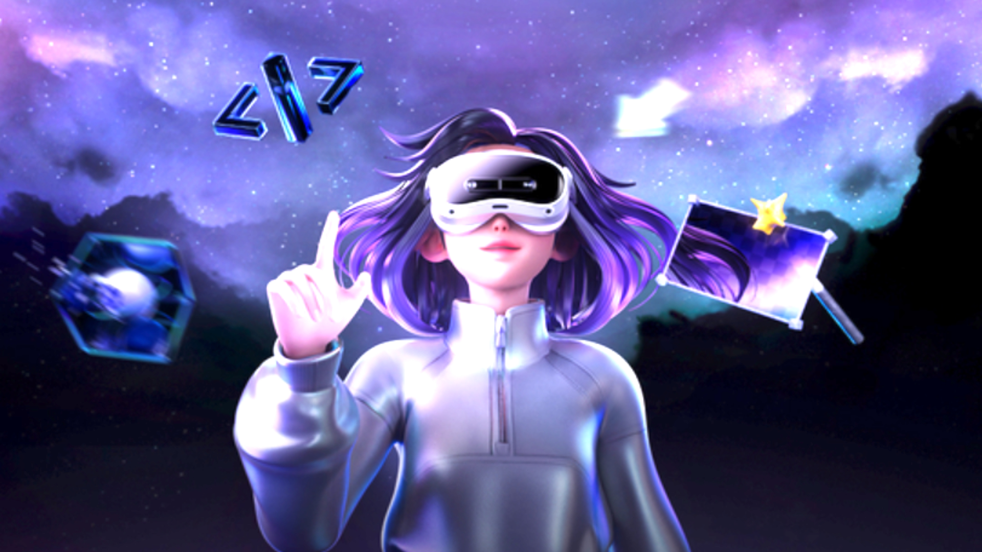 A comic drawing shows a woman with purple hair and a VR headset raising her index finger.