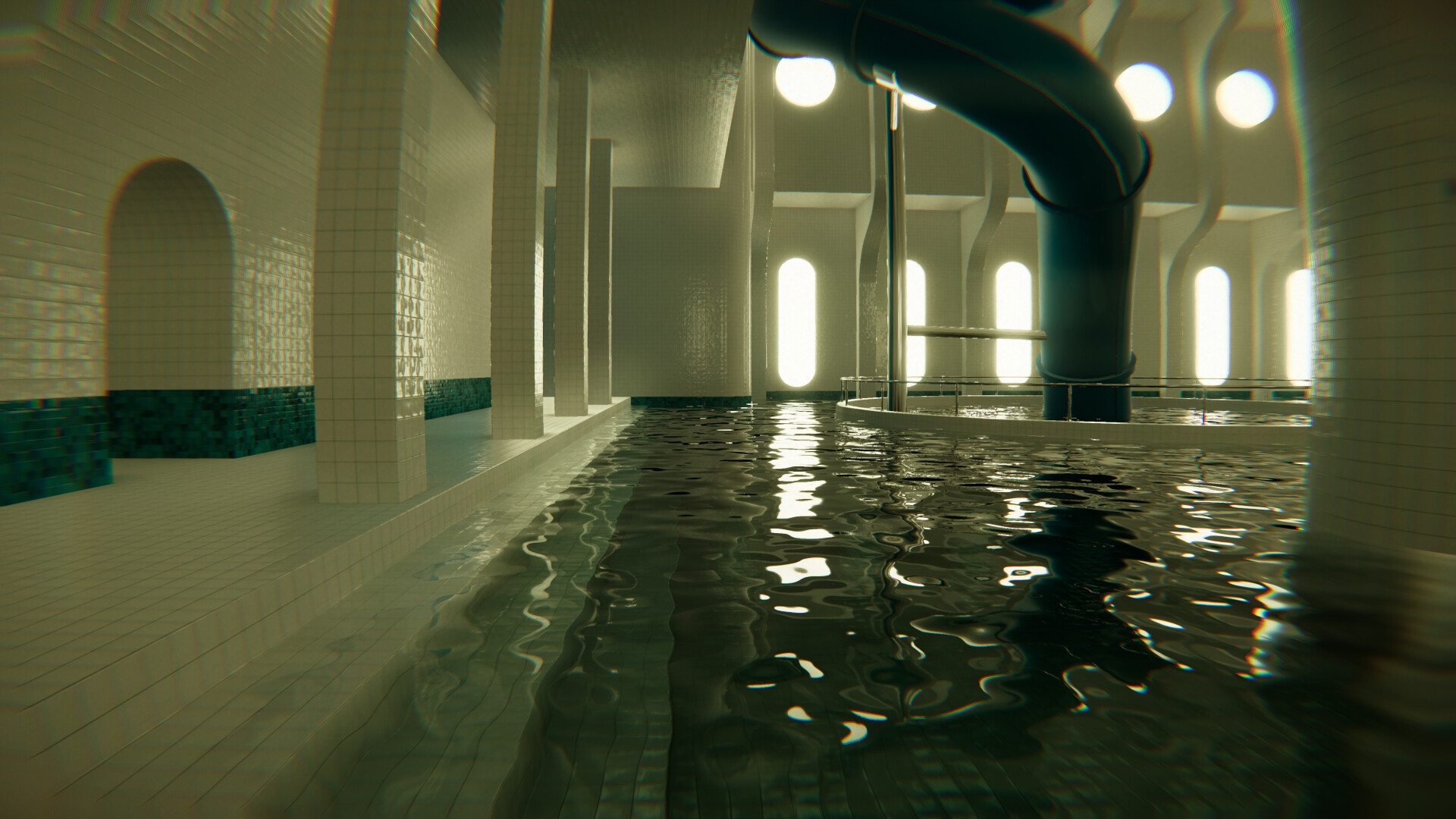 An empty indoor pool with white and green tiles and a green water slide tube.