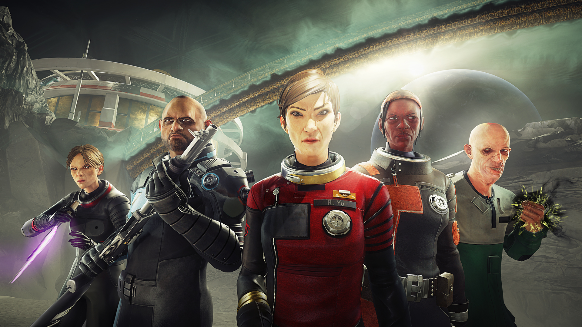 Five characters from the sci-fi game Prey in spacesuits with weapons in front of a futuristic space station backdrop.
