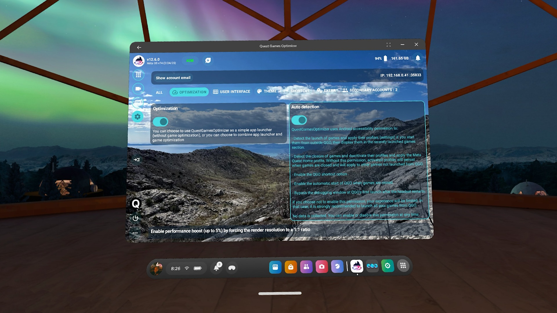 Screenshot of the Quest Games Optimizer UI with background image of a landscape.