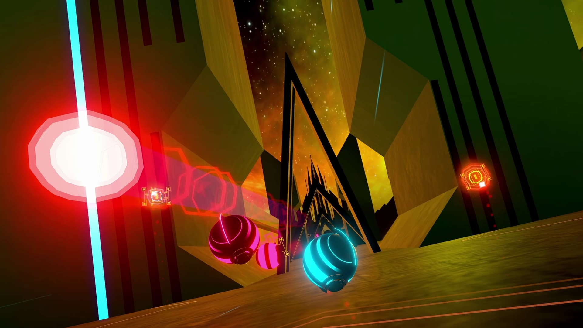 A game scene from the VR game Synth Riders shows brightly colored balls flying through the room.