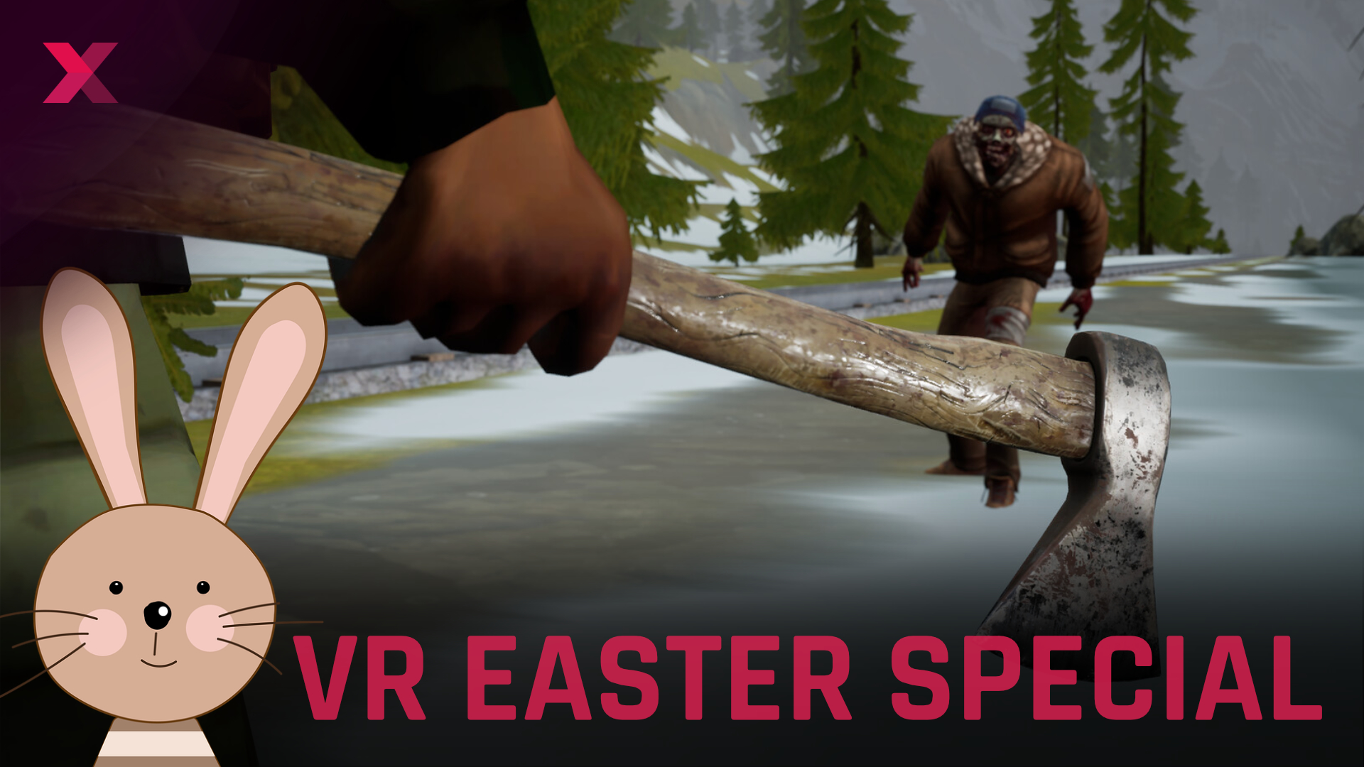 Graphics for VR Easter special: cute cartoon rabbit next to survival horror game scene with axe and wintry surroundings.