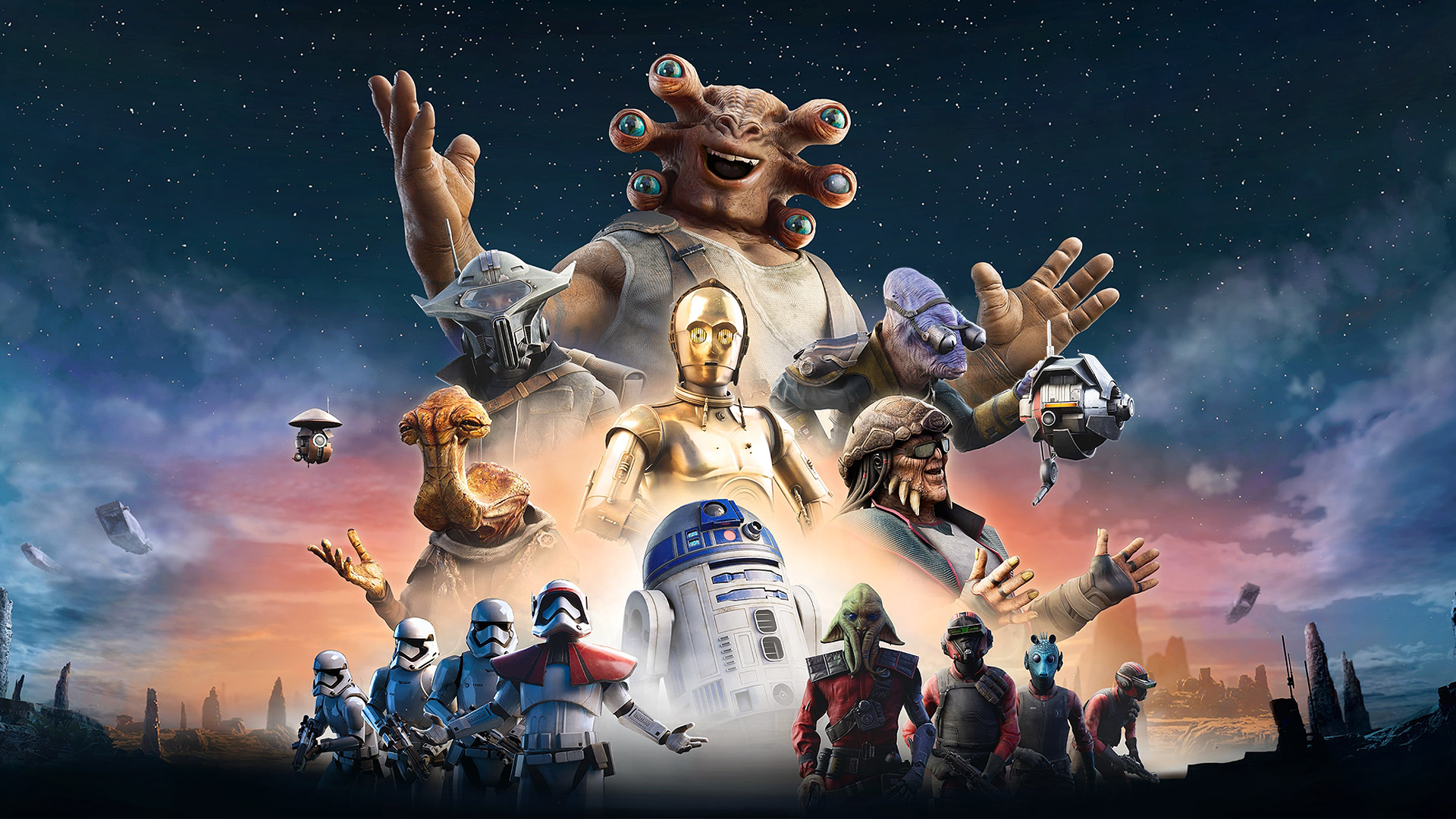 Star Wars: Hunters keyart shows various characters from the game in front of a starry sky.