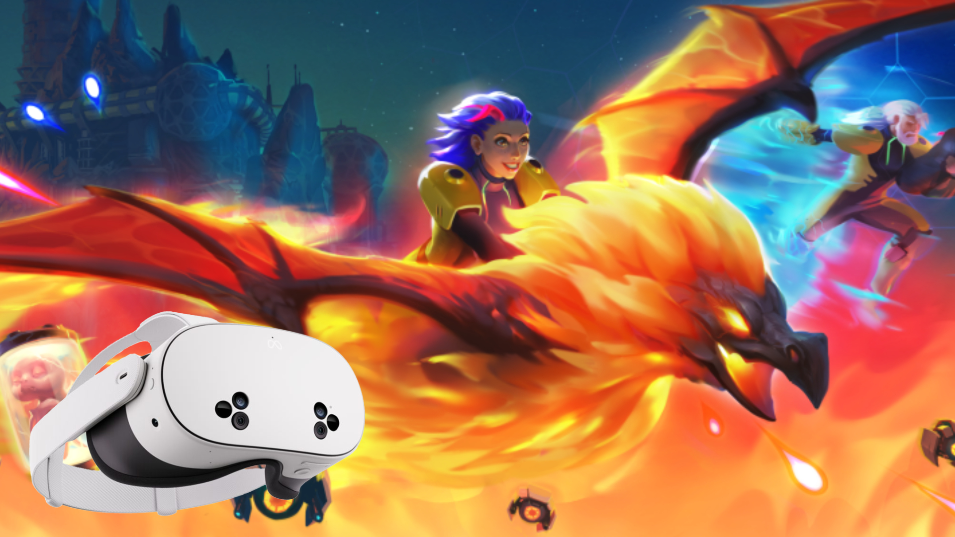VR headset next to fantasy game scene: person riding a fiery dragon through a magical world with enemies in the background.