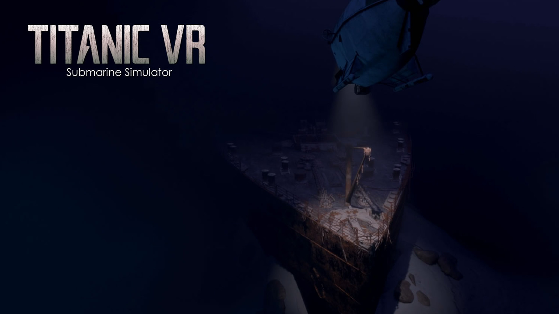 Submarine illuminates the wreck of the Titanic in the dark sea. "Titanic VR Submarine Simulator" is written above it.