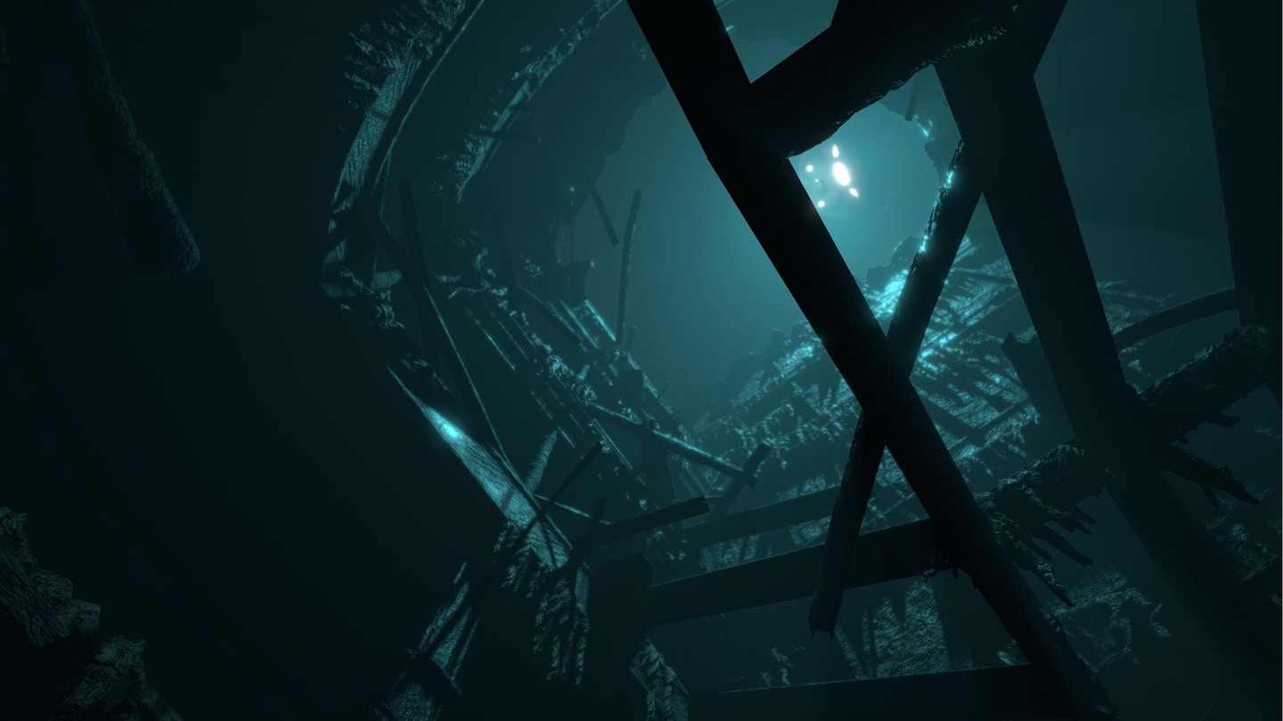 View into the wreck of the Titanic, illuminated by a submarine.