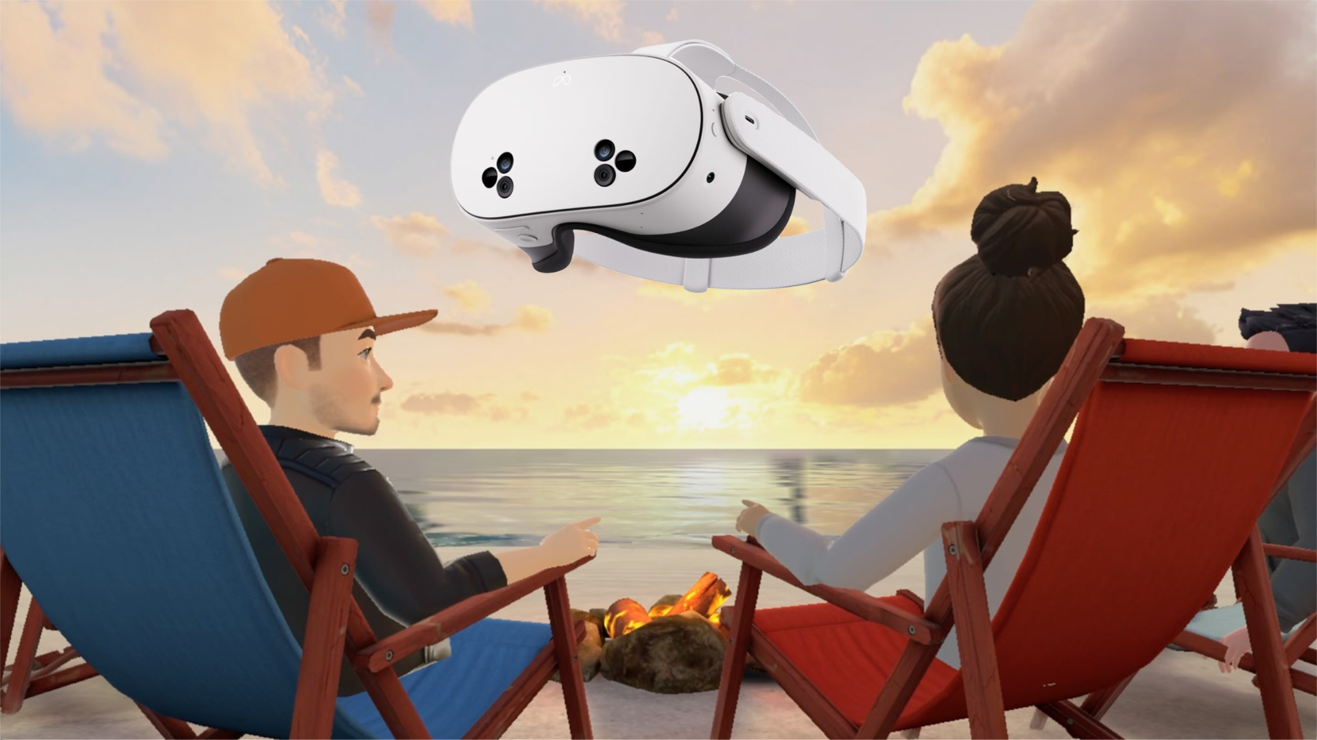 Two virtual avatars, a man with a cap and a woman with a bun, sit on camping chairs on the beach and enjoy the sunset by a campfire.