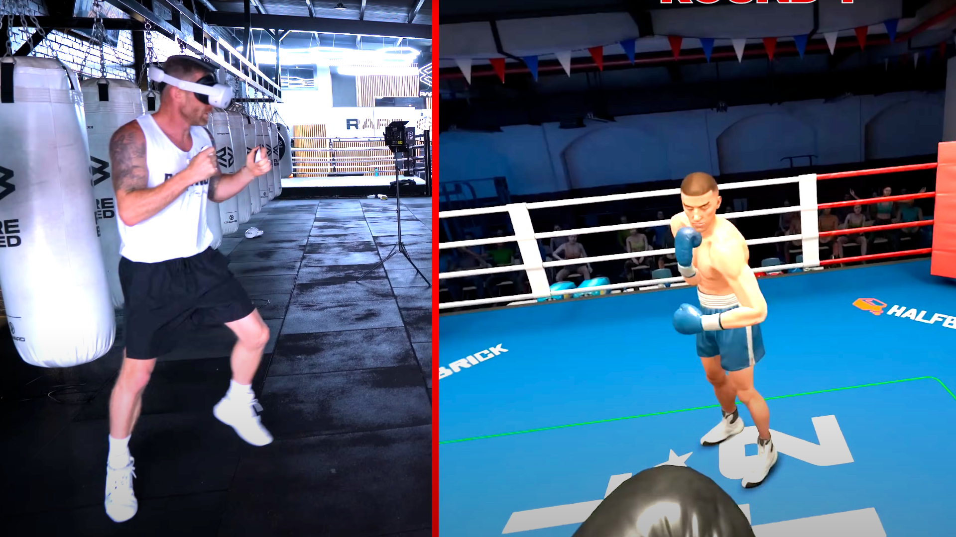 On the left a boxer with VR headset, on the right a clip from a VR boxing game with a digital boxer in a blue ring.
