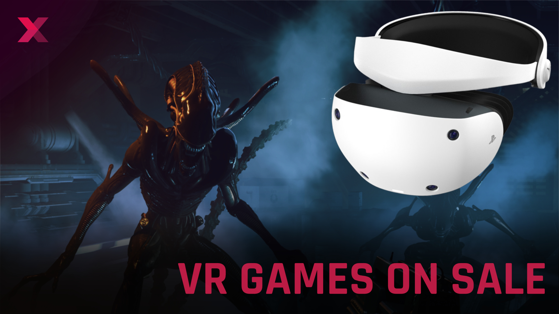 VR games sale with alien creature in the dark and PlayStation VR headset, red heading "VR GAMES SALE".