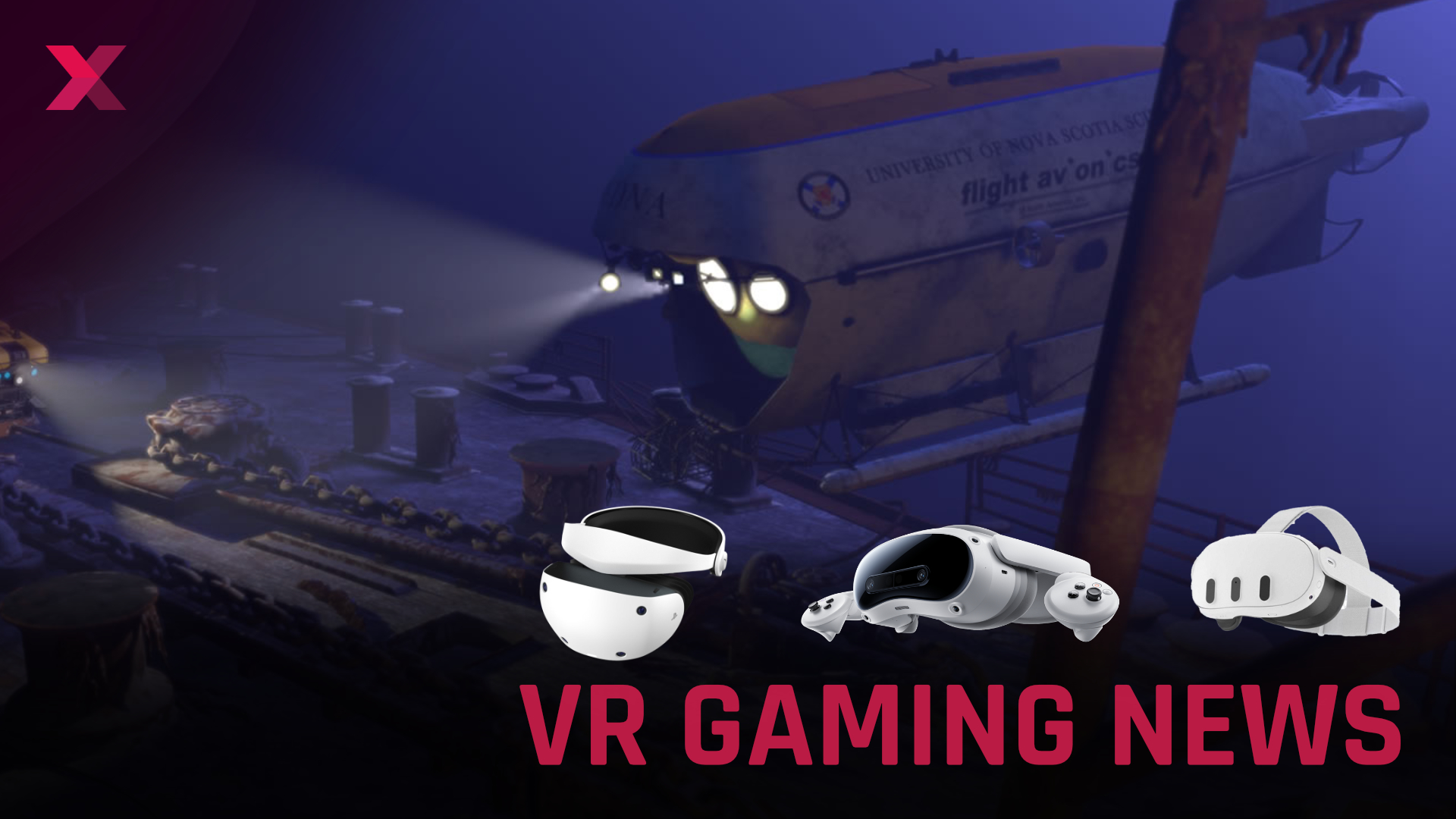 VR gaming graphics with underwater scene of a sunken airplane, three VR headset models and red "VR GAMING NEWS" text.