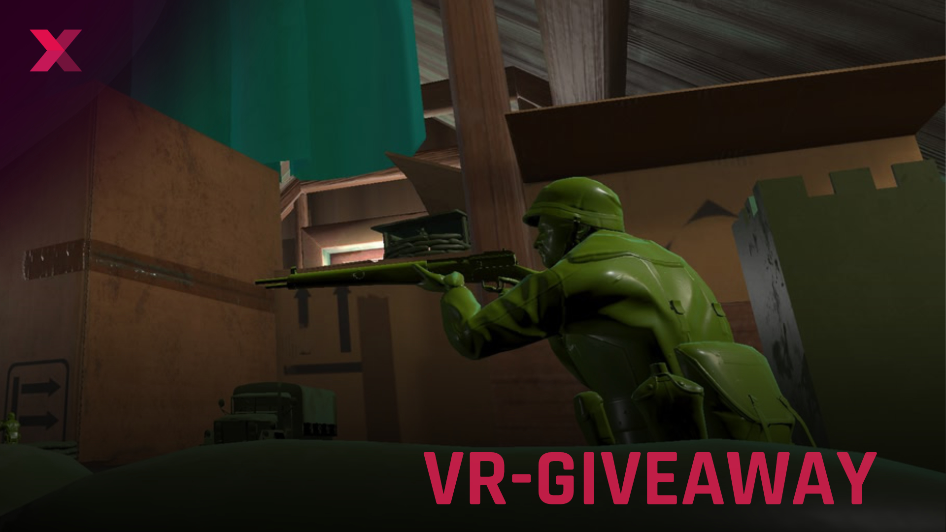 A green toy soldier puts on his rifle in a living room.