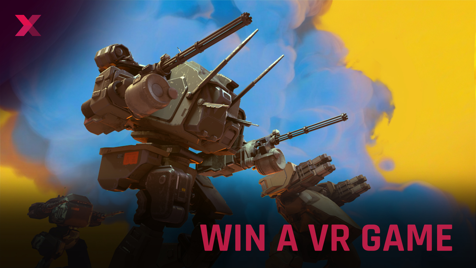 Two gigantic mech robots march in front of a cloud of smoke and a yellow background. The words "VR competition" appear at the bottom right of the picture.