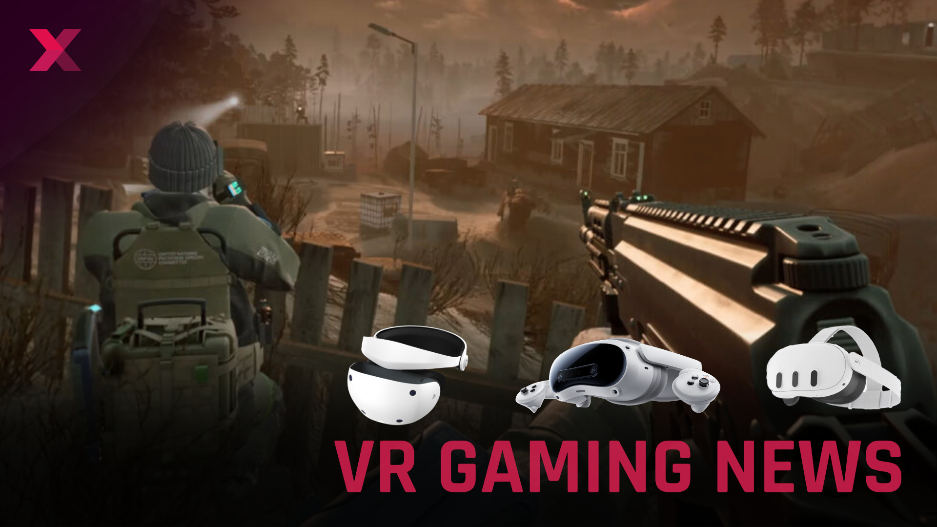 First-person shooter game scene with three VR headset models and the headline "VR GAMING NEWS" in pink.
