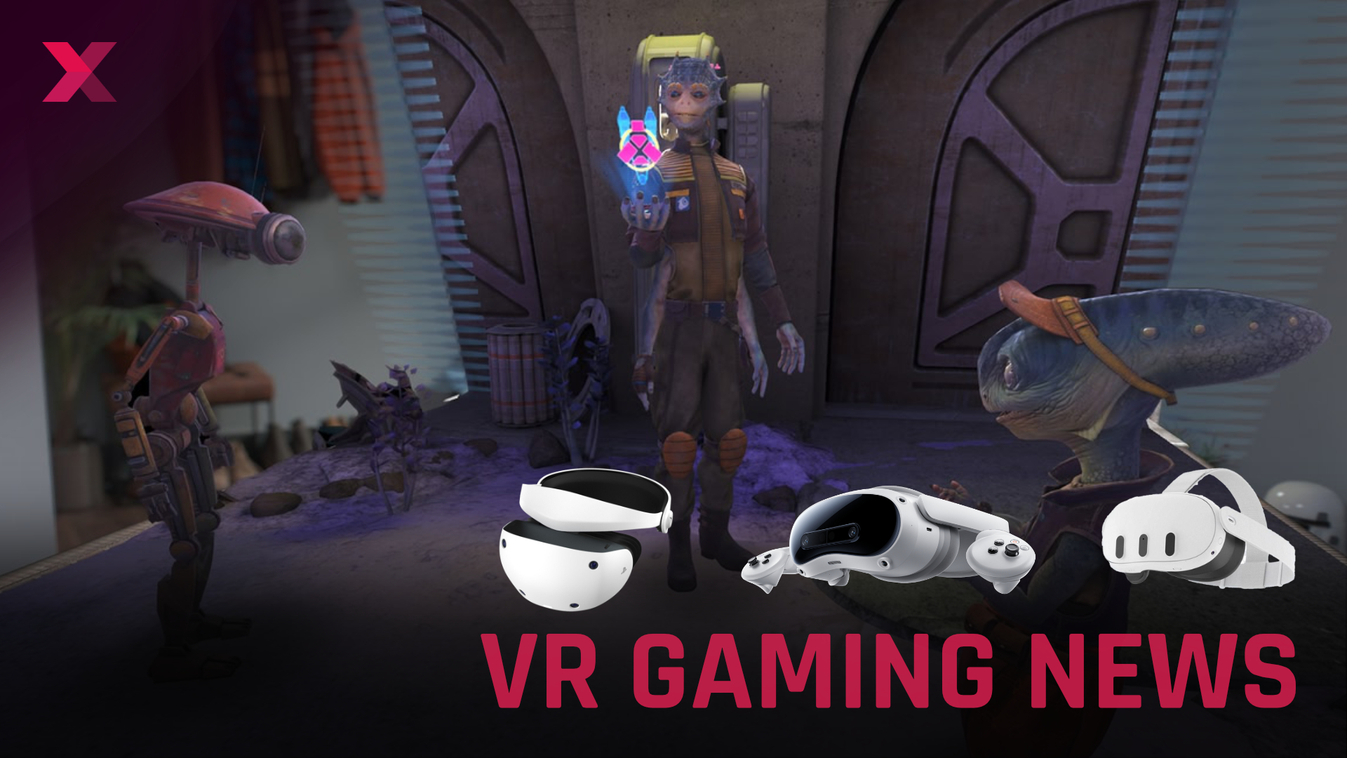 A scene from a Star Wars game shows a robot and two aliens. One of them is holding a hologram.