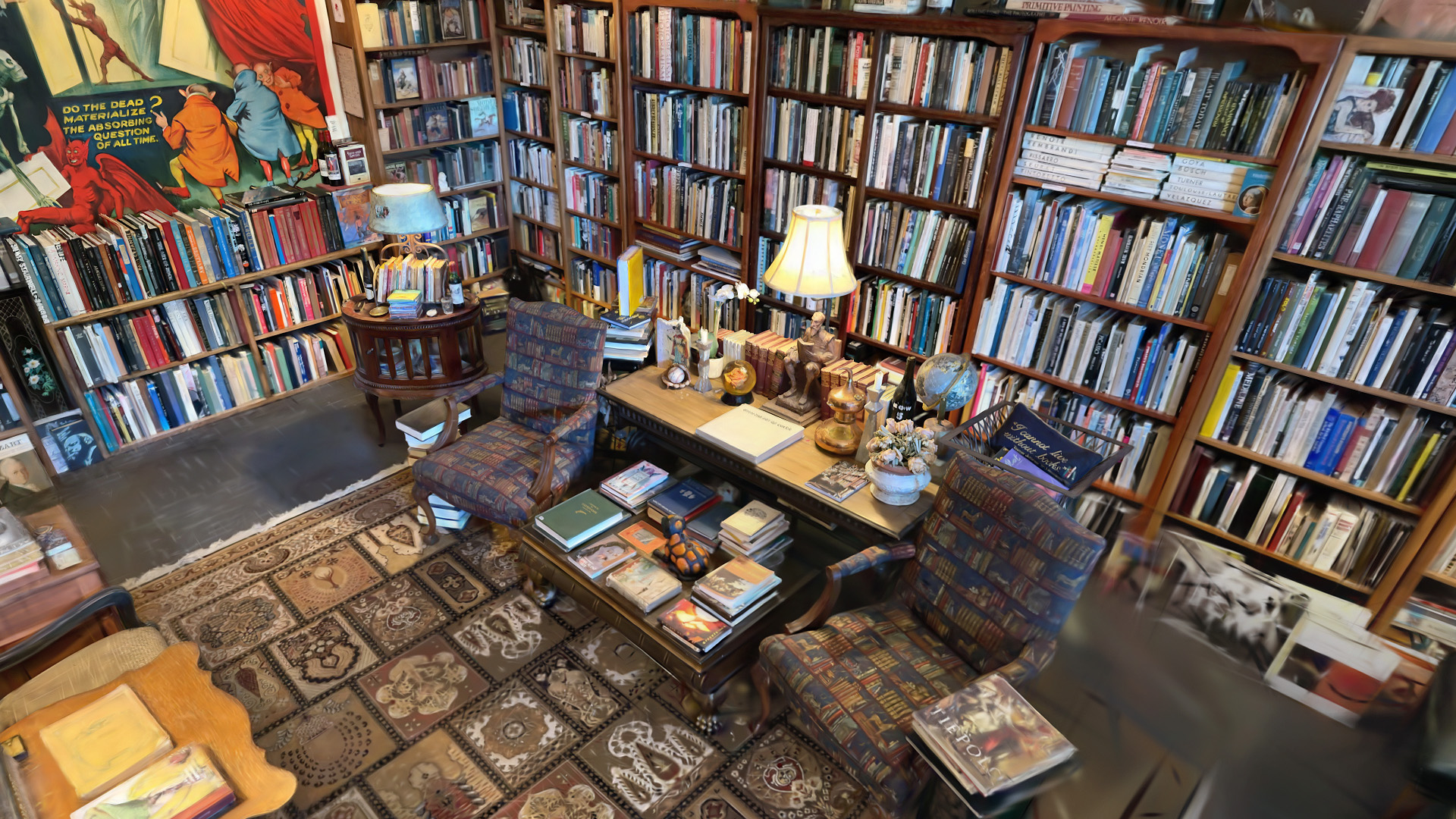 Cozy workspace with high bookshelves, armchairs, carpet and tables full of books and decorations.