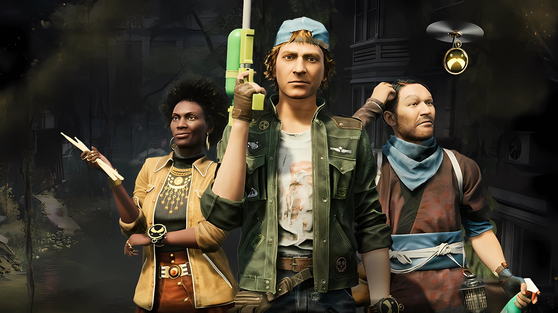 Three posing protagonists in front of a half-sunken city.