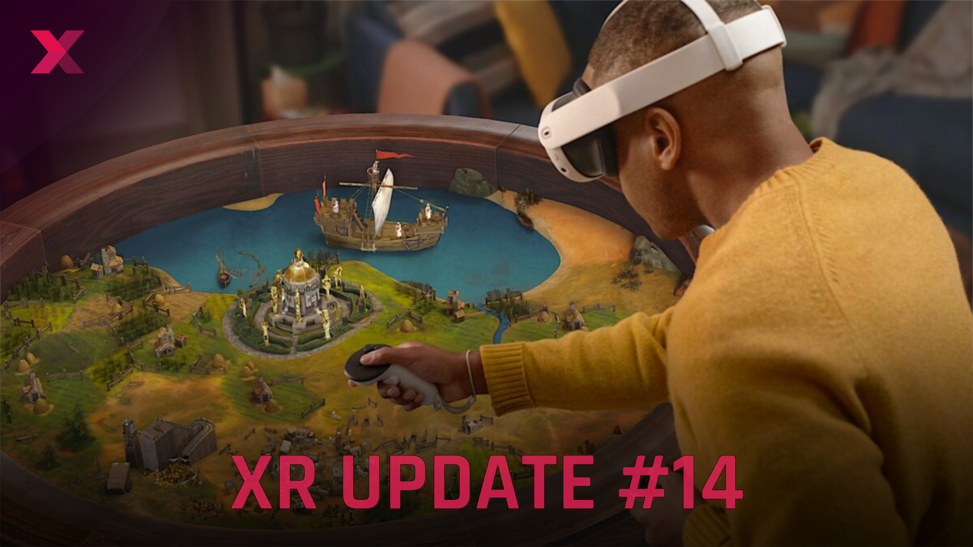 A man with Quest 3 looks at a circular mixed reality landscape from Civ 7.