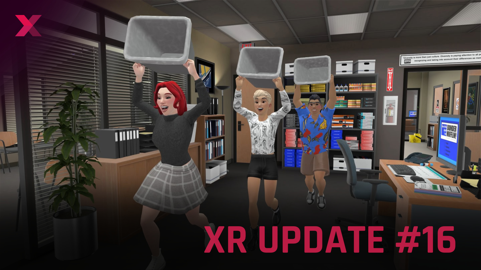 The image shows an immersive XR simulation in which three avatars run through a virtual office - a playful homage to well-known TV office scenarios, such as from "The Office". The scene illustrates approaches for gamification and social interaction in the metaverse.