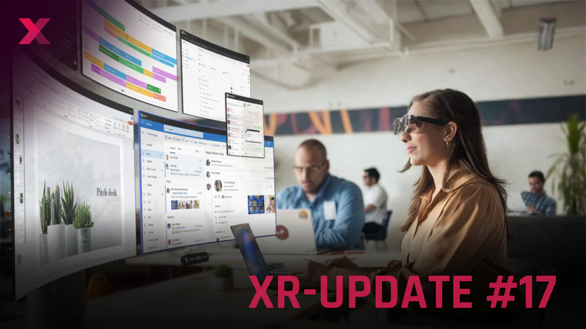 Woman with XR headset looking at virtual monitors with calendar and presentation in modern office environment, XR Update #17.