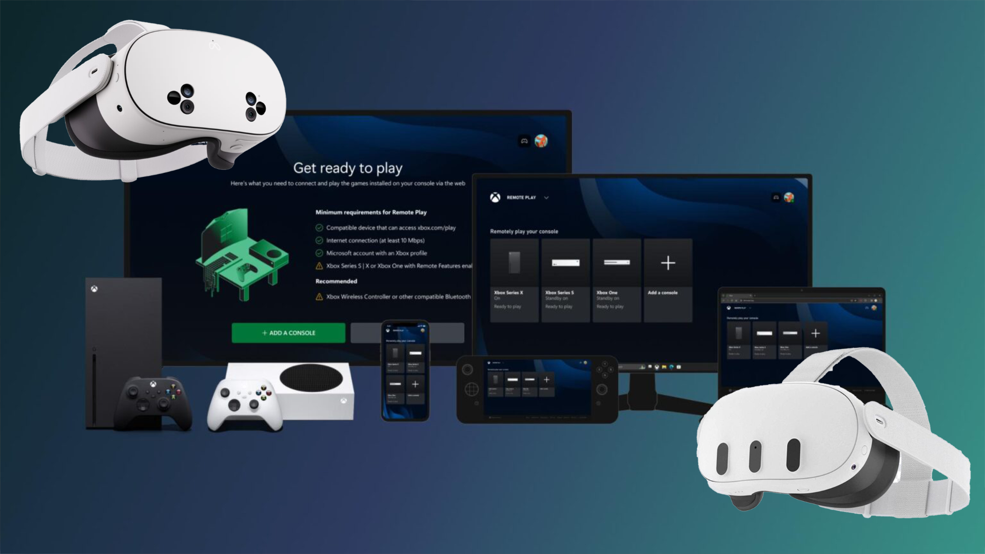 The picture shows monitors, TV and mobile screens on which Xbox Remote Play is running. Also on display: Xbox consoles and Meta Quest VR headsets.