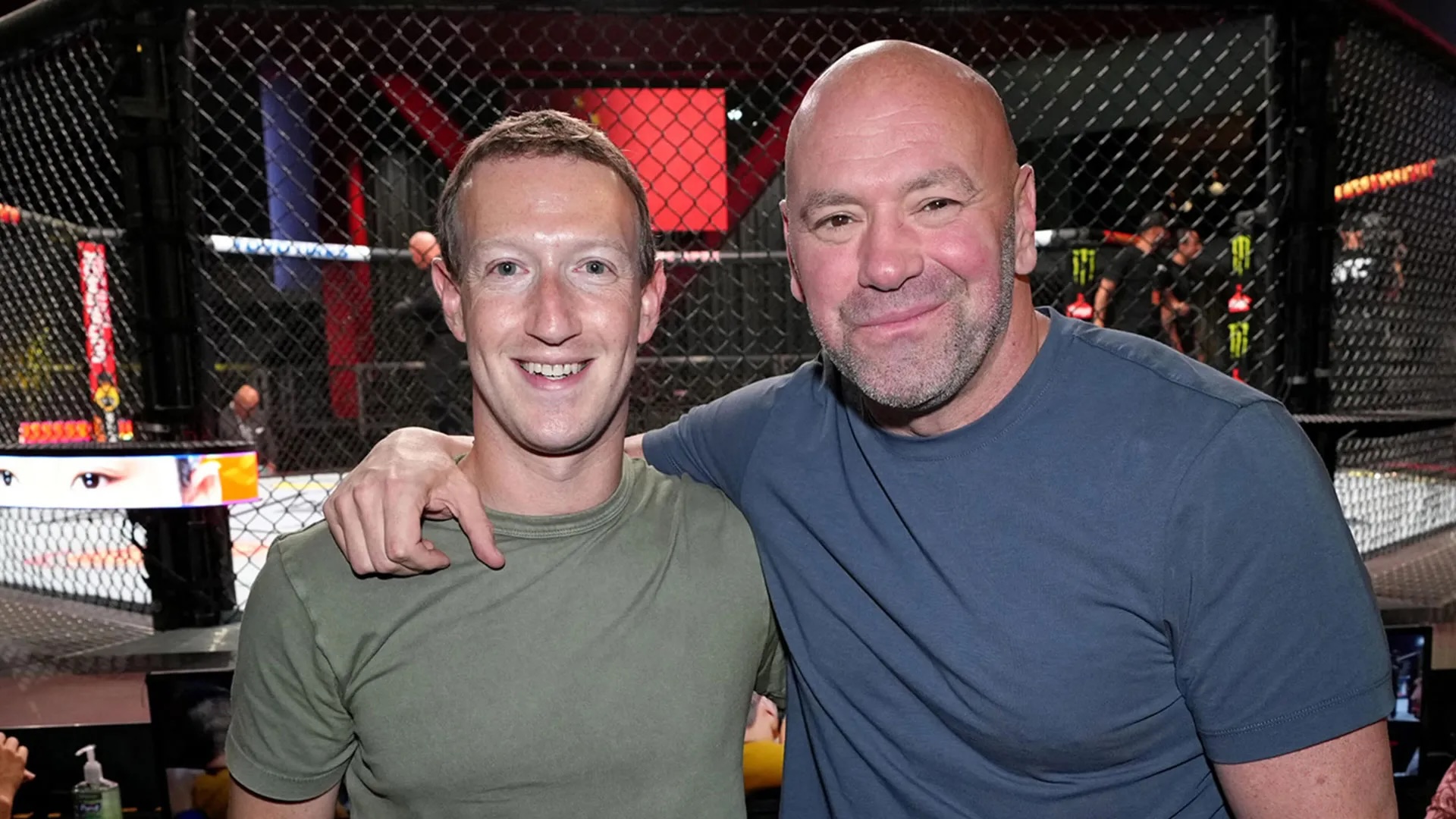 Mark Zuckerberg and Dana White in front of a UFC cage.