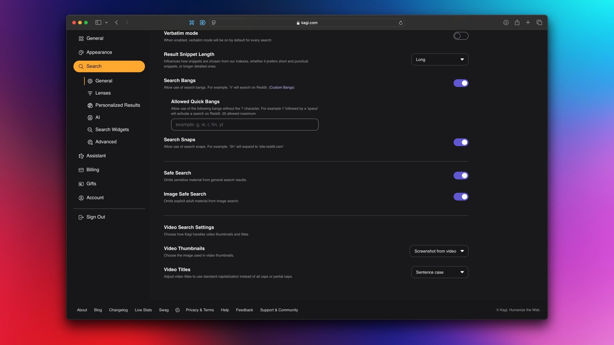Kagi search settings on Mac.