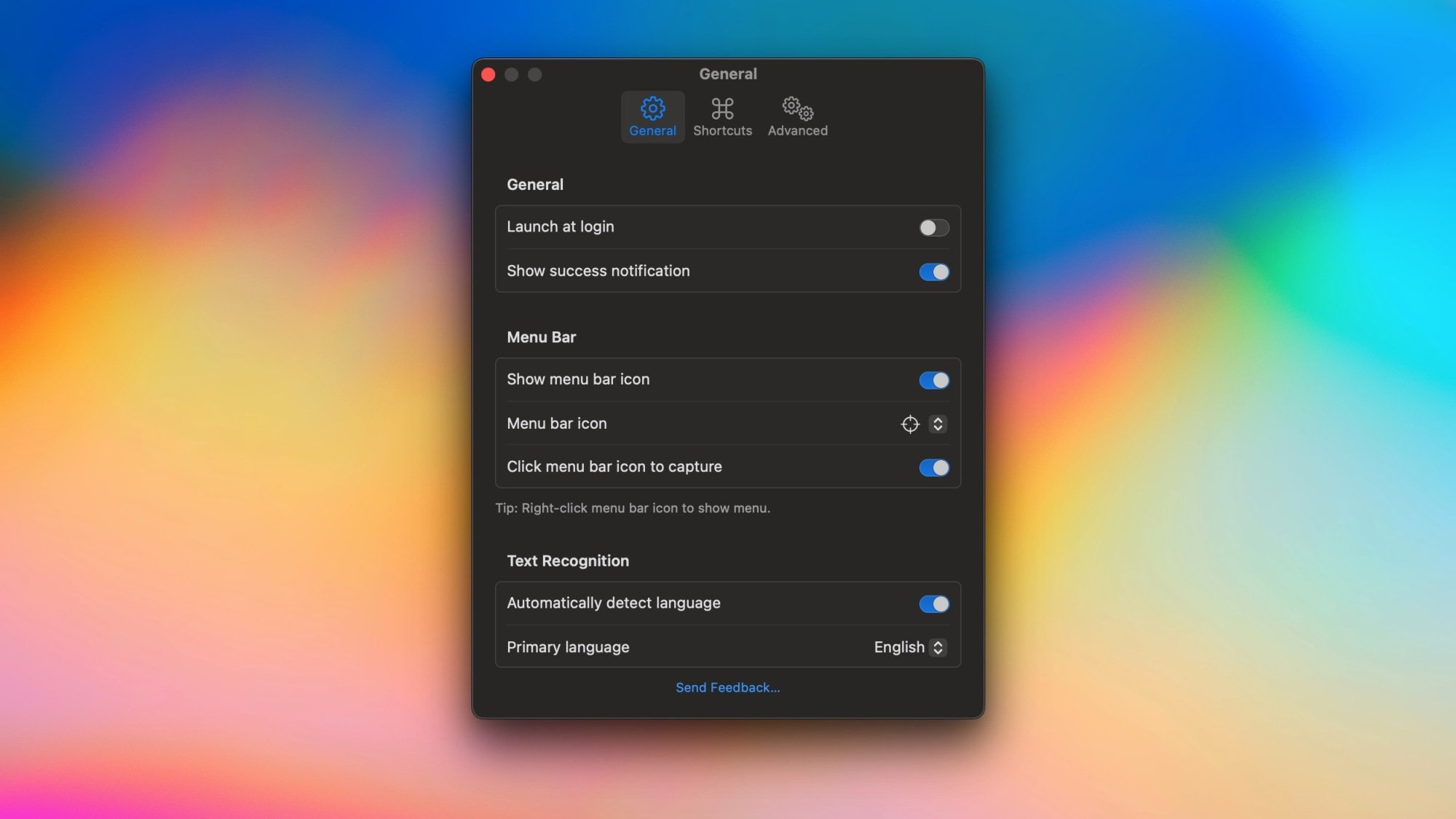 Text Lens' settings window open on a Mac.